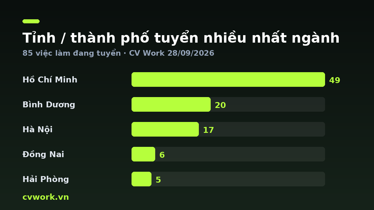 Biểu đồ tỉnh / thành phố tuyển nhiều nhất ngành May mặc / Dệt may — số liệu CV Work 28/09/2026