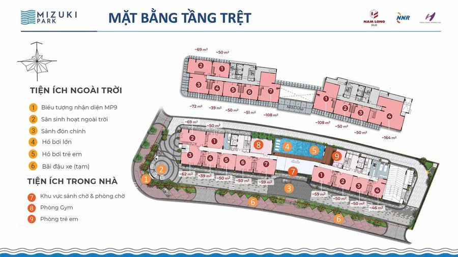 Mặt bằng tiện ích tầng trệt tòa căn hộ Flora MP9 - MP10 khu đô thị Mizuki Park.