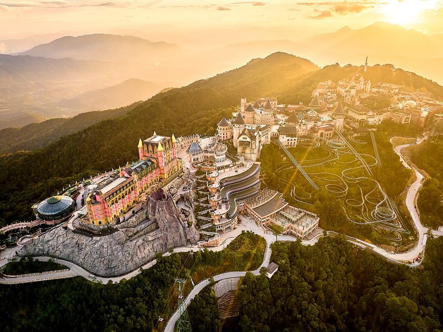 Sun World Ba Na Hills aerial overview sunset Da Nang Vietnam