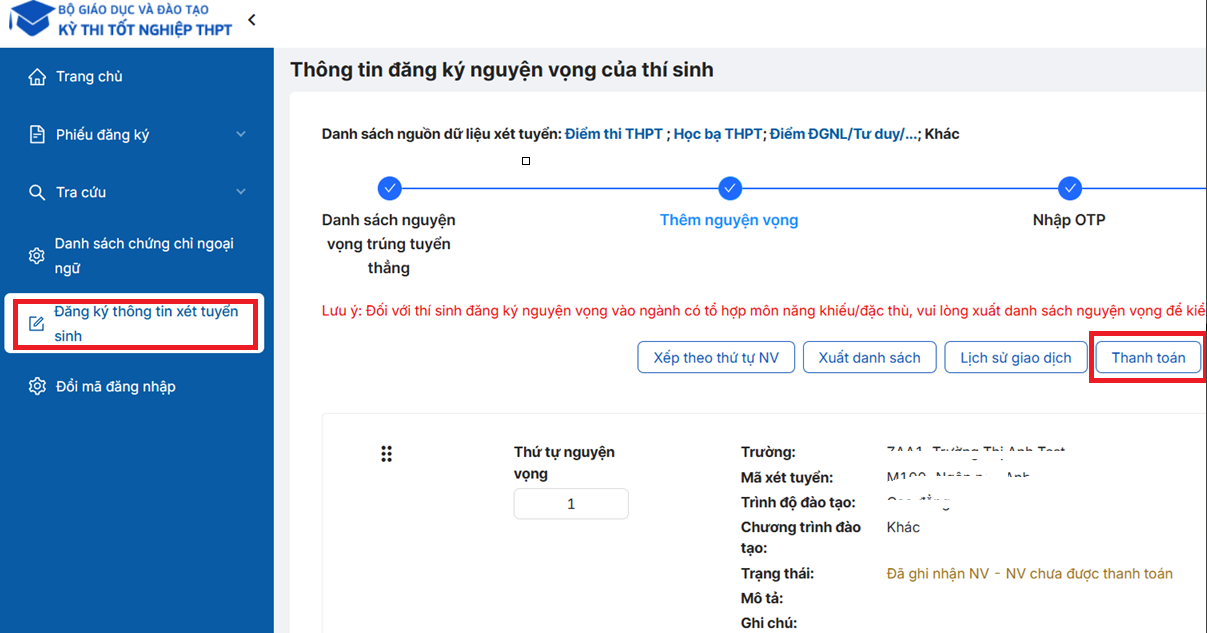 Minh hoạ bước 1: Vào mục “Đăng ký thông tin xét tuyển” và nhấn Thanh toán