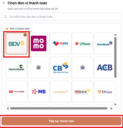 Minh hoạ bước 4: Chọn đơn vị thanh toán (ngân hàng hoặc ví)