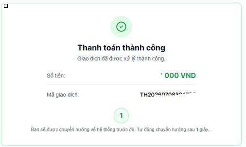 Minh hoạ bước 6: Nhận thông báo thanh toán thành công