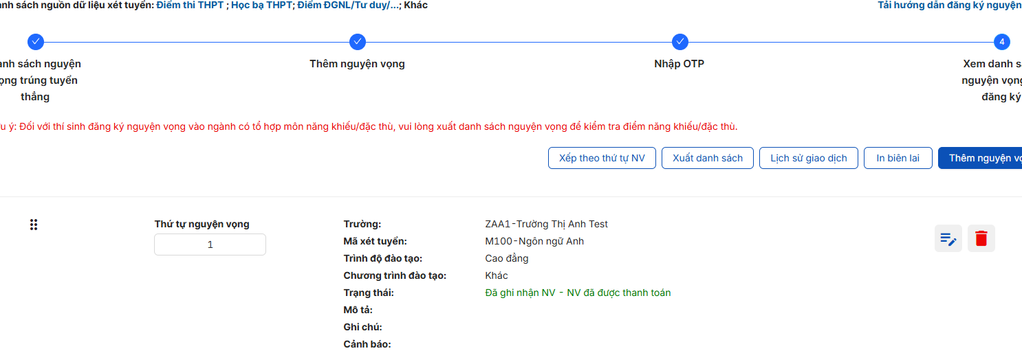 Minh hoạ bước 7: Kiểm tra lại trạng thái nguyện vọng